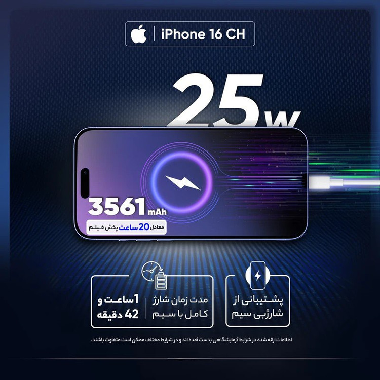 گوشی موبایل آیفون iPhone 16 CH – دو سیمکارت، ظرفیت 128 گیگابایت، رم 8 گیگابایت، ضد آب IP68
